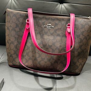 Coach Signature Brown Tote with Pink Trim